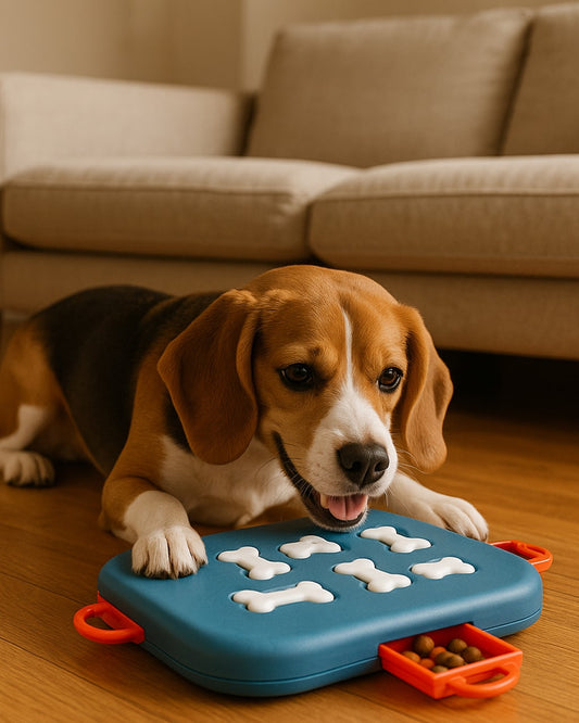 A beagle plays with a blue puzzle toy on a wooden floor in front of a beige sofa, with treats visible in an orange compartment.