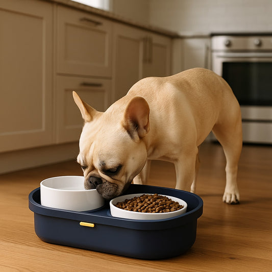 A cream-colored dog eating from a navy blue elevated feeder with two white ceramic bowls on a wooden kitchen floor.