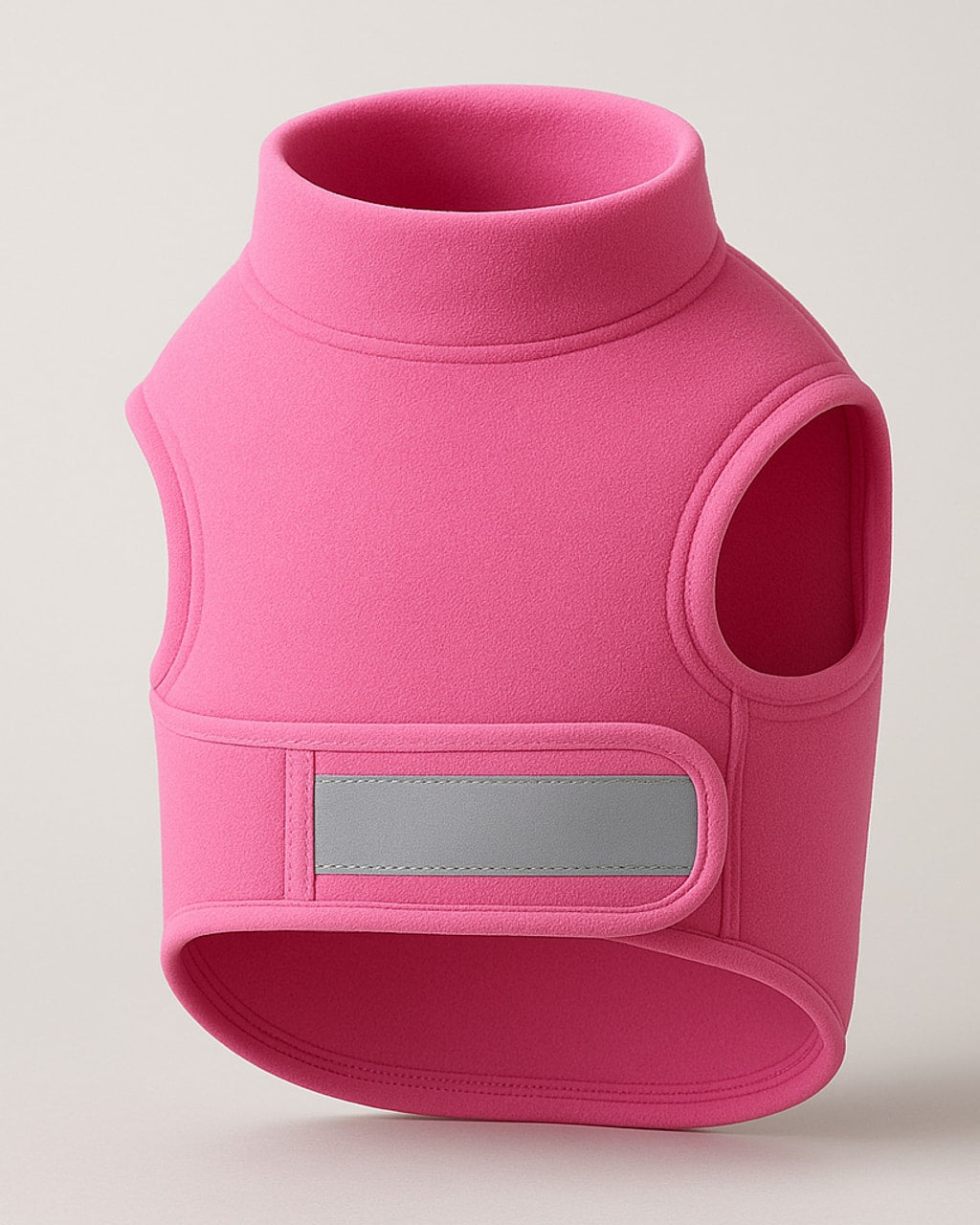 Pink fleece dog vest with high collar, arm holes, and gray reflective strip on front panel, displayed against neutral background.