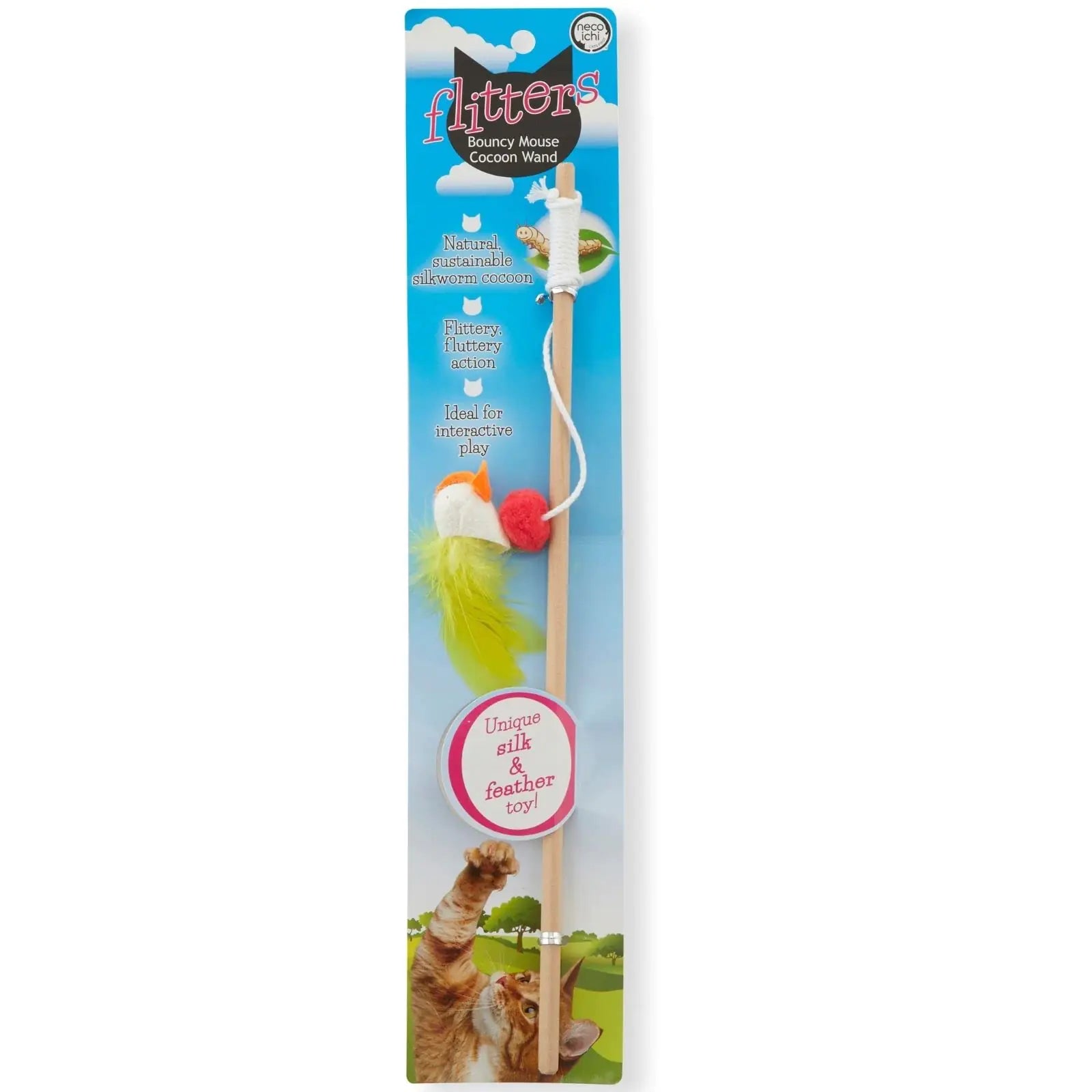 Cat Wand Toy with Silkworm Cocoon and Feathers by Necoichi