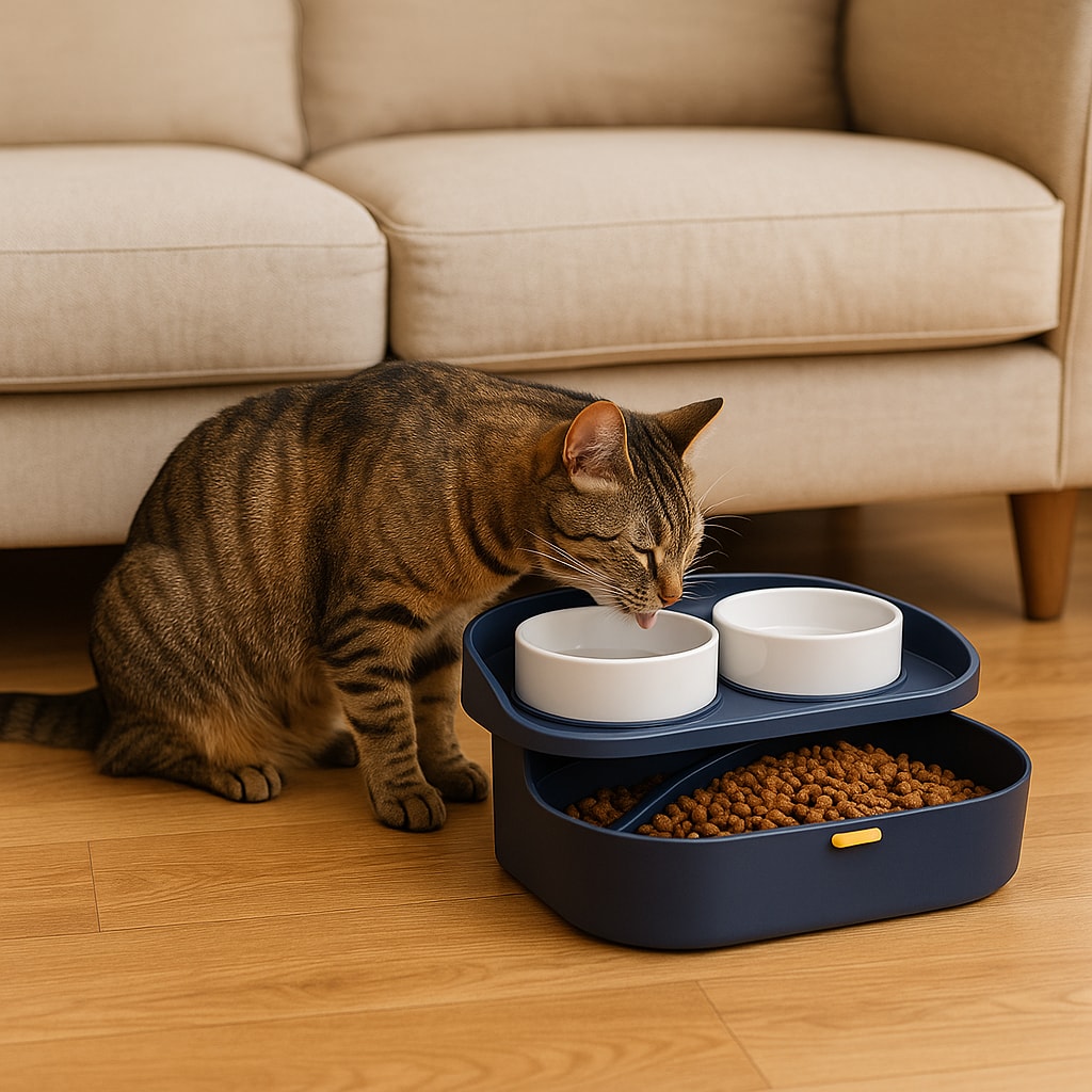 Tabby cat approaching a navy blue elevated pet food station with two white ceramic bowls and a lower storage compartment filled with dry kibble on a wooden floor near a beige sofa.