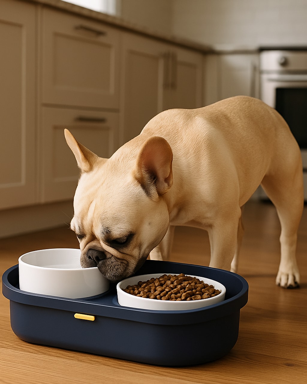 A cream-colored dog eating from a navy blue elevated feeder with two white ceramic bowls on a wooden kitchen floor.