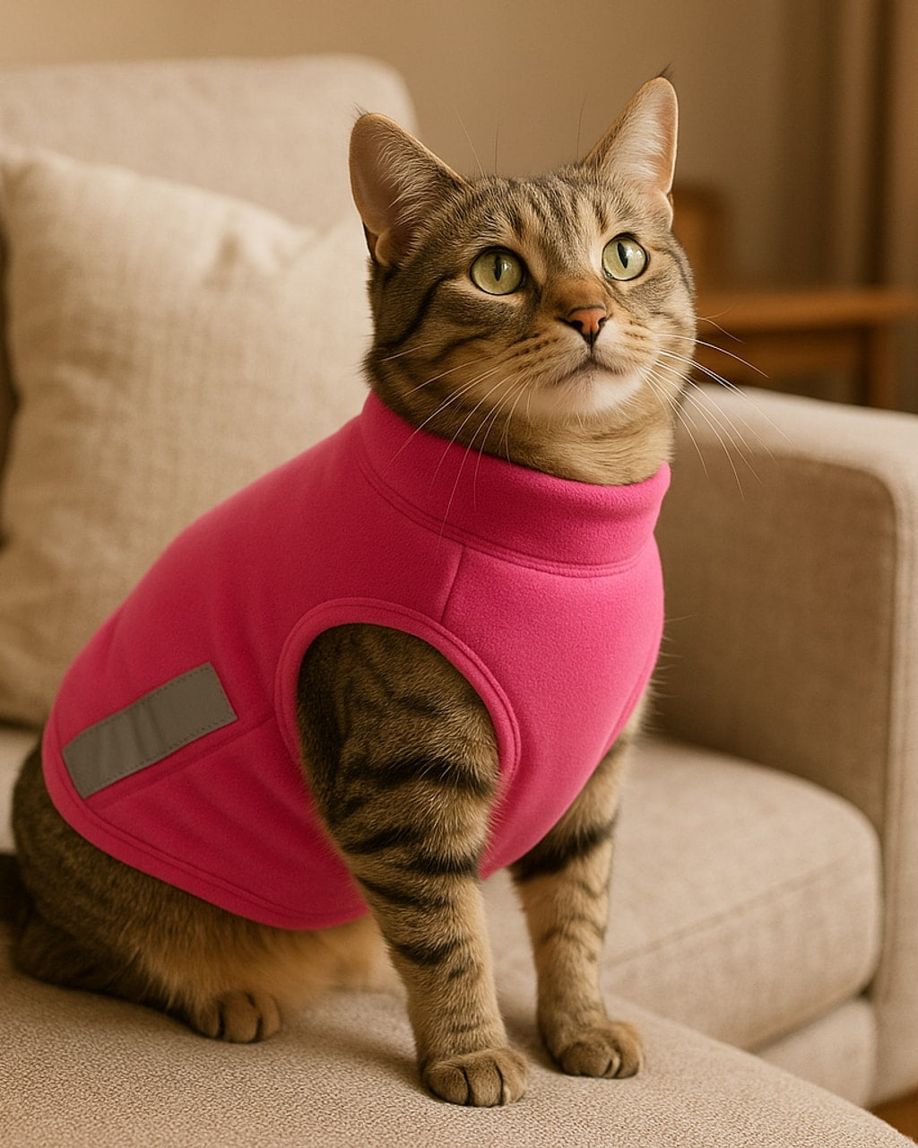 Tabby cat wearing a pink fleece vest with cutouts, sitting on a beige couch in a living room.