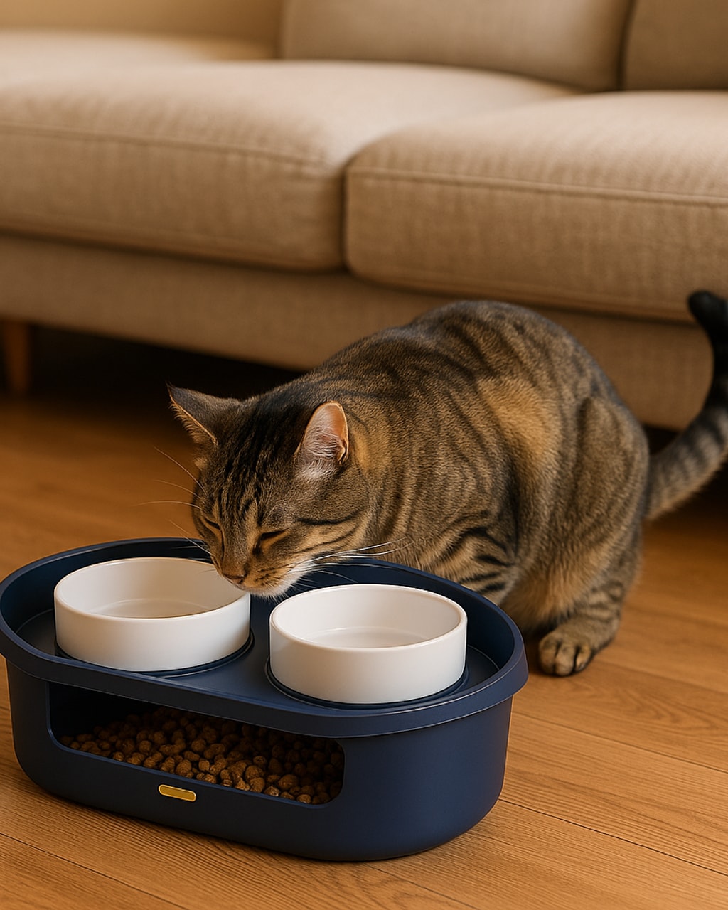 Tabby cat approaching a navy blue elevated dual pet food bowl feeder with white ceramic bowls and storage compartment on wooden floor near beige sofa.