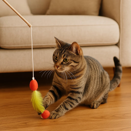Tabby cat playing with red and yellow feather wand toy on wooden floor near beige sofa.
