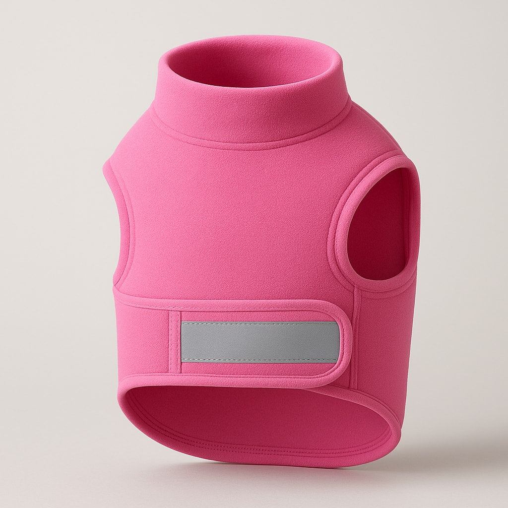 Pink fleece dog vest with high collar, arm holes, and gray reflective strip on front panel, displayed against neutral background.