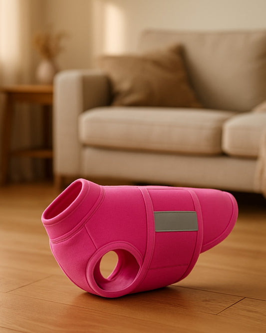 Pink fleece dog vest displayed on wooden floor with beige couch in blurred background.