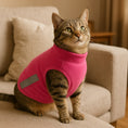 Load image into Gallery viewer, Tabby cat wearing a pink fleece vest with cutouts, sitting on a beige couch in a living room.
