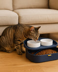 Load image into Gallery viewer, Tabby cat approaching a navy blue elevated pet food station with two white ceramic bowls and a lower storage compartment filled with dry kibble on a wooden floor near a beige sofa.
