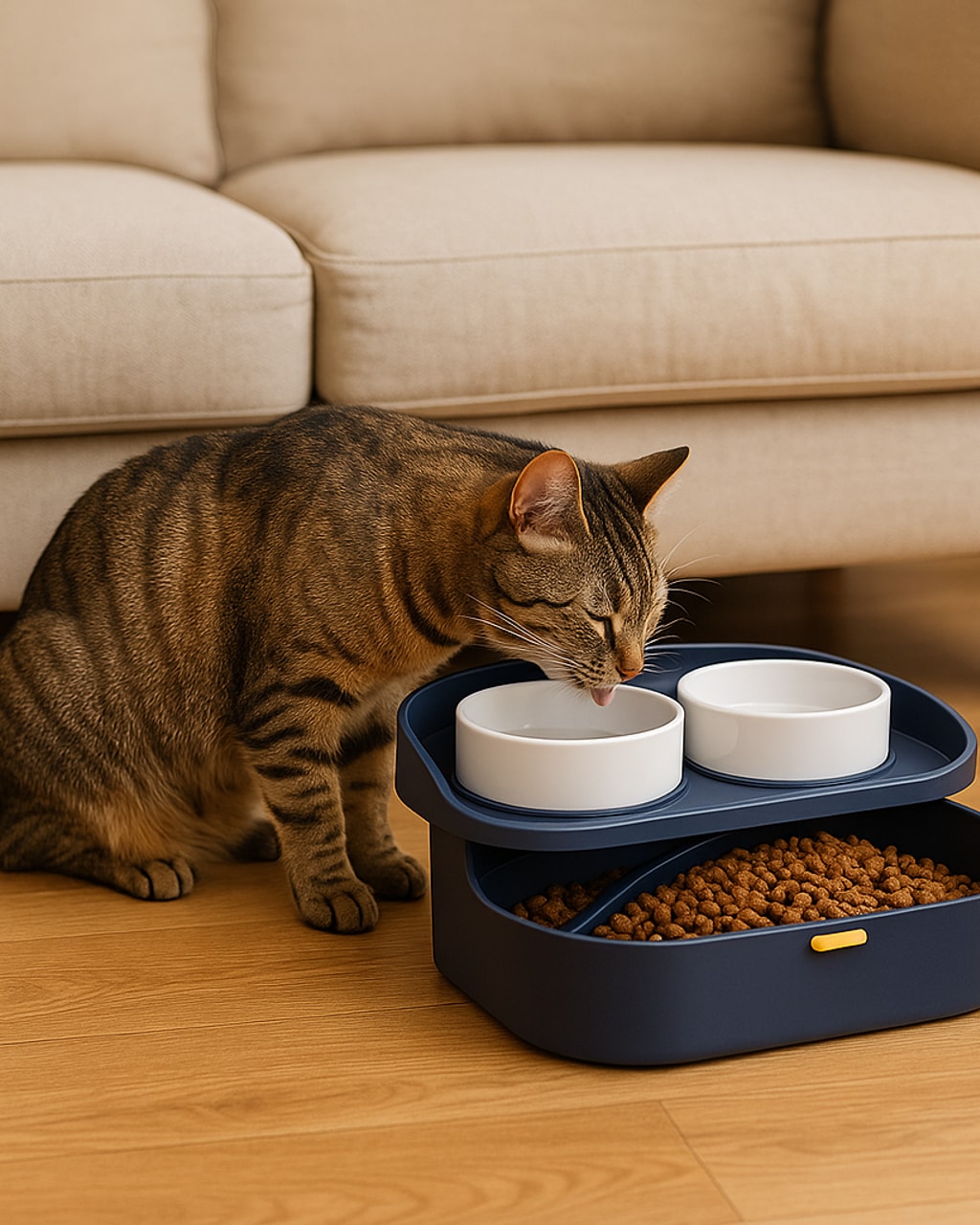 Tabby cat approaching a navy blue elevated pet food station with two white ceramic bowls and a lower storage compartment filled with dry kibble on a wooden floor near a beige sofa.