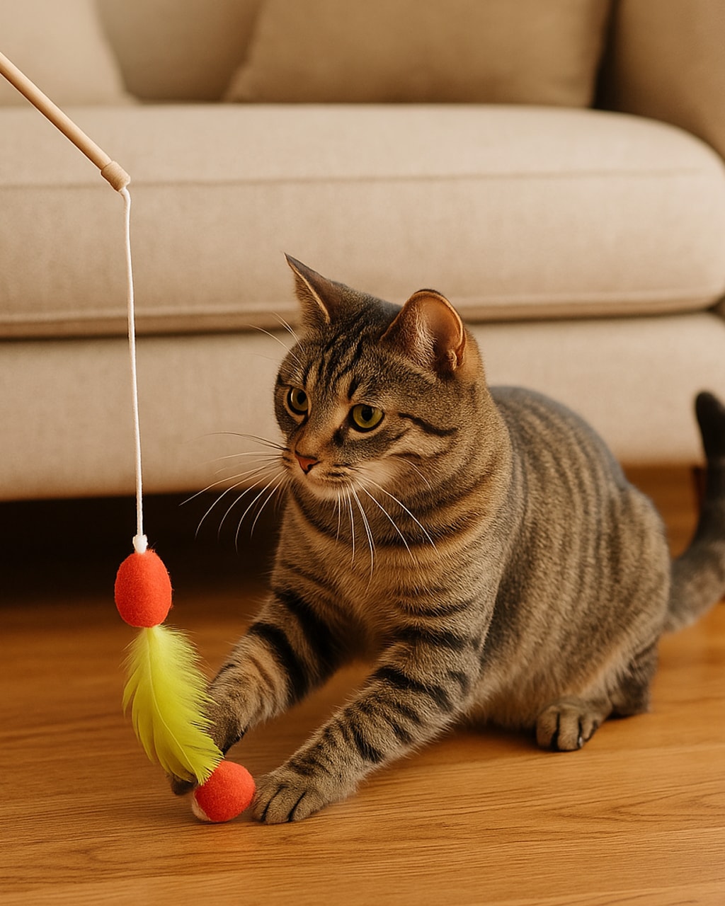 Tabby cat playing with red and yellow feather wand toy on wooden floor near beige sofa.