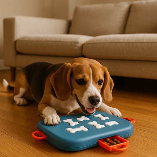 A beagle plays with a blue puzzle toy on a wooden floor in front of a beige sofa, with treats visible in an orange compartment.