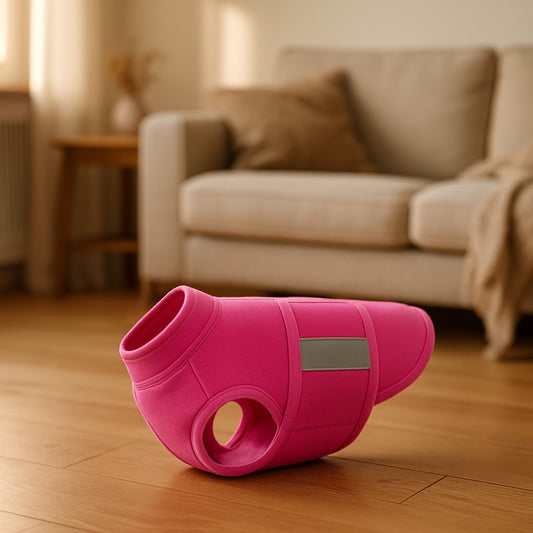 Pink fleece dog vest displayed on wooden floor with beige couch in blurred background.